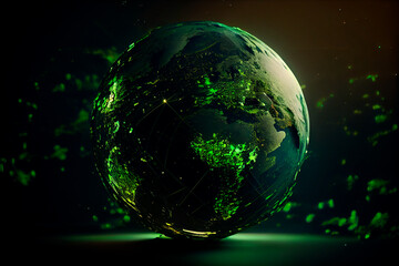 Digital green futuristic globe, viewed from space, in the solar system, in the stars, view of the earth, our planet, ai, cyber, eco, climate. Generative ai - obrazy, fototapety, plakaty