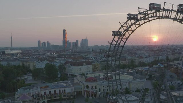 Aerial sunset view of Vienna, famous Prater in Front, skyline in the back.