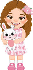 Happy Easter Day with Cute Girls Holding Bunny Cartoon Character PNG