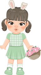 Happy Easter Day with Cute Girls Holding  Flower Basket Cartoon Character PNG
