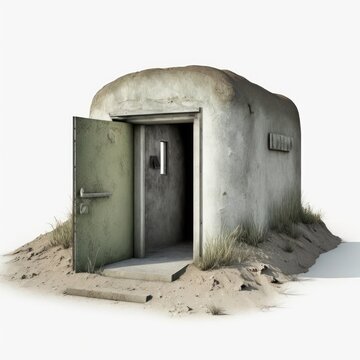 Detailed illustration of the entrance to an underground doomsday prepper bunker isolated on a white background, generative ai