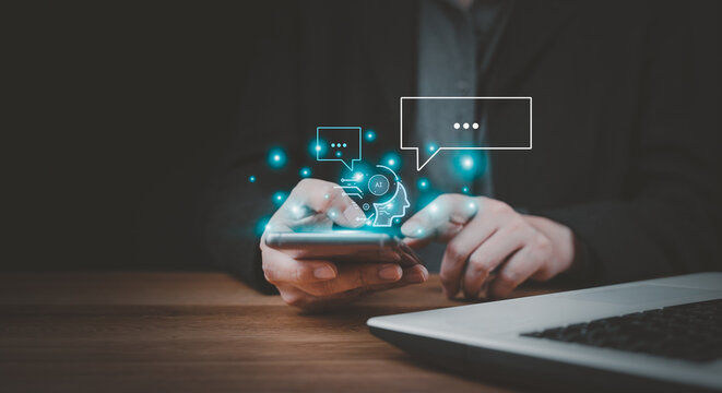 Businessman using chatbot in smartphone intelligence Ai. Chat GPT with AI Artificial Intelligence, developed by OpenAI generate. Futuristic technology, robot in online system. Database smart chatbox.