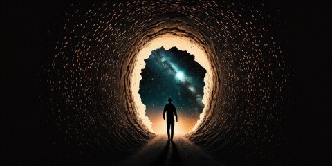 Man silhouette at the end of the tunnel with the universe and blinding light in the background. Generative AI - obrazy, fototapety, plakaty