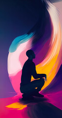 A person sitting in the lotus pose and meditating with rainbow light around them,Created with Generative AI.