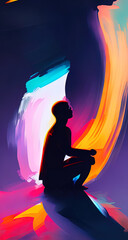 A person sitting in the lotus pose and meditating with rainbow light around them,Created with Generative AI.