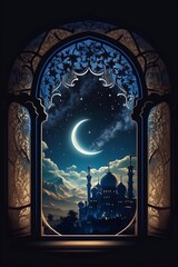 Obraz premium View from window of muslim mosque on night in desert. Ramadan kareem. Ai generative.