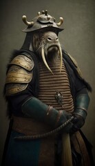 Majestic Animal Walrus Shogun in Samurai Armor: A Depiction of Japanese Culture, Armor, Feudal Japan, Bushido, Warrior, Castle, Shogun, Feudal Lord, Ronin (generative AI)