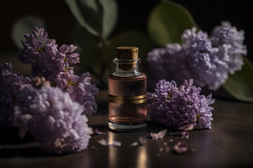 Obraz na płótnie Canvas Unique and aromatic oil for body care. Lilac flower products photography made with Generative AI