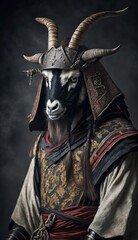 Majestic Animal Alpine Goat Shogun in Samurai Armor: A Depiction of Japanese Culture, Armor, Feudal Japan, Bushido, Warrior, Castle, Shogun, Feudal Lord, Ronin (generative AI)