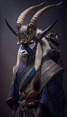 Majestic Animal Alpine Goat Shogun in Samurai Armor: A Depiction of Japanese Culture, Armor, Feudal Japan, Bushido, Warrior, Castle, Shogun, Feudal Lord, Ronin (generative AI)