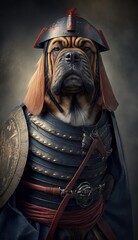 Majestic Animal Bloodhound Shogun in Samurai Armor: A Depiction of Japanese Culture, Armor, Feudal Japan, Bushido, Warrior, Castle, Shogun, Feudal Lord, Ronin (generative AI)