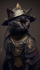 Majestic Animal Bombay Shogun in Samurai Armor: A Depiction of Japanese Culture, Armor, Feudal Japan, Bushido, Warrior, Castle, Shogun, Feudal Lord, Ronin (generative AI)
