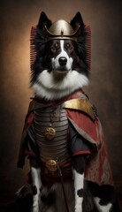 Majestic Animal Collie Shogun in Samurai Armor: A Depiction of Japanese Culture, Armor, Feudal Japan, Bushido, Warrior, Castle, Shogun, Feudal Lord, Ronin (generative AI)