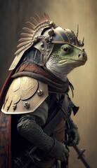 Majestic Animal Chameleon Shogun in Samurai Armor: A Depiction of Japanese Culture, Armor, Feudal Japan, Bushido, Warrior, Castle, Shogun, Feudal Lord, Ronin (generative AI)