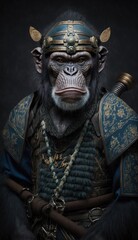 Majestic Animal Chimpanzee Shogun in Samurai Armor: A Depiction of Japanese Culture, Armor, Feudal Japan, Bushido, Warrior, Castle, Shogun, Feudal Lord, Ronin (generative AI)