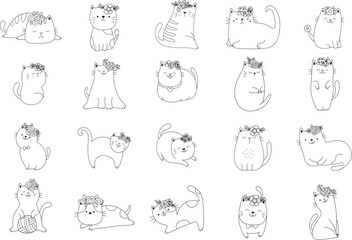 Big set cat animal cartoon with flower
 hand drawn,doodle,line art style Cute cartoon 
funny character. Pet collection. 
Flat design Baby background.vector illustration