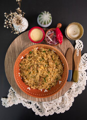Fried chinese rice peruvian chifa Assorted food plates Peru traditional comfort food buffet table
