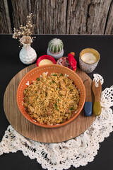 Fried chinese rice peruvian chifa Assorted food plates Peru traditional comfort food buffet table