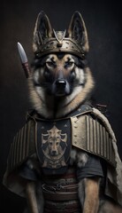 Majestic Animal German Shepherd Shogun in Samurai Armor: A Depiction of Japanese Culture, Armor, Feudal Japan, Bushido, Warrior, Castle, Shogun, Feudal Lord, Ronin (generative AI)