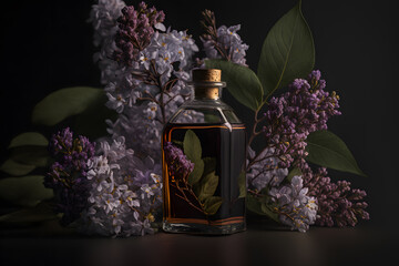 Unique and aromatic oil for body care. Lilac flower products photography made with Generative AI