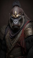 Majestic Animal Gorilla Shogun in Samurai Armor: A Depiction of Japanese Culture, Armor, Feudal Japan, Bushido, Warrior, Castle, Shogun, Feudal Lord, Ronin (generative AI)