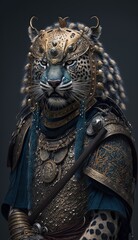 Majestic Animal Jaguar Shogun in Samurai Armor: A Depiction of Japanese Culture, Armor, Feudal Japan, Bushido, Warrior, Castle, Shogun, Feudal Lord, Ronin (generative AI)