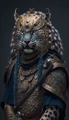 Majestic Animal Jaguar Shogun in Samurai Armor: A Depiction of Japanese Culture, Armor, Feudal Japan, Bushido, Warrior, Castle, Shogun, Feudal Lord, Ronin (generative AI)
