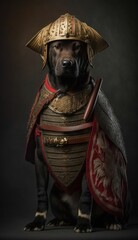 Majestic Animal Labrador Retriever Shogun in Samurai Armor: A Depiction of Japanese Culture, Armor, Feudal Japan, Bushido, Warrior, Castle, Shogun, Feudal Lord, Ronin (generative AI)