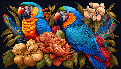 Obraz premium Tropical pattern with parrots and flowers in bright colors, generative AI