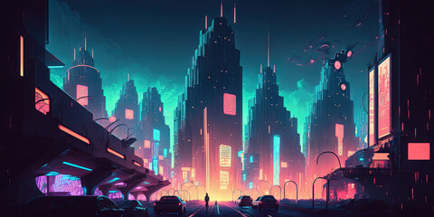 Fototapeta na wymiar An illustration by Octane depicting a cyberpunk, futuristic metropolis with skylines. neon signs. A illustration of a contemporary metropolis. urban dystopia wallpaper. Background landscape