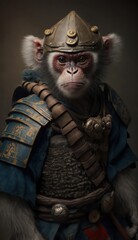 Majestic Animal Monkey Shogun in Samurai Armor: A Depiction of Japanese Culture, Armor, Feudal Japan, Bushido, Warrior, Castle, Shogun, Feudal Lord, Ronin (generative AI)