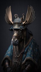 Majestic Animal Moose Shogun in Samurai Armor: A Depiction of Japanese Culture, Armor, Feudal Japan, Bushido, Warrior, Castle, Shogun, Feudal Lord, Ronin (generative AI)