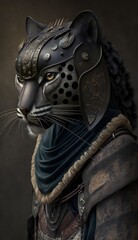 Fototapeta na wymiar Majestic Animal Panther Shogun in Samurai Armor: A Depiction of Japanese Culture, Armor, Feudal Japan, Bushido, Warrior, Castle, Shogun, Feudal Lord, Ronin (generative AI)