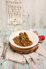 Fried fish egg cup with lentils  hueveras fritas Assorted food plates Peru traditional comfort food buffet table