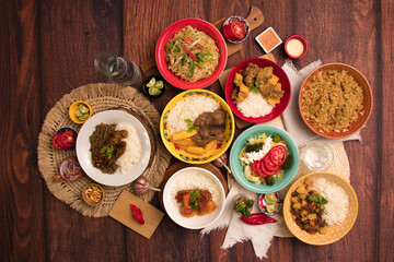 Assorted food plates Peru traditional comfort food buffet table