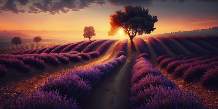 Sunrise over lavender field in Bulgaria. Generative AI