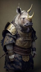 Majestic Animal Rhinoceros Shogun in Samurai Armor: A Depiction of Japanese Culture, Armor, Feudal Japan, Bushido, Warrior, Castle, Shogun, Feudal Lord, Ronin (generative AI)