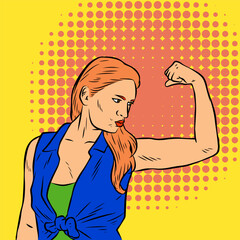 Pin-up strong arm woman on halftone background. Vector illustration.