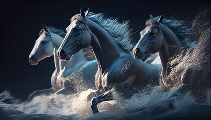 Three horses galloping through the river. Generative art