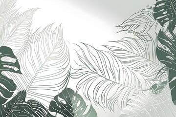 Botanical foliage line art background vector illustration. Tropical palm, white drawing, pattern background. Design for wallpaper, home decor, packaging, print, poster, cover, banner.