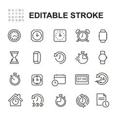 Simple Set of Time Related Vector Line Icons. Contains such Icons as Timer, Speed, Alarm, Time Management, Calendar and more. Editable Stroke.
