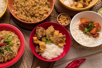 Assorted food plates Peru traditional comfort food buffet table