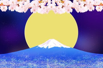 富士山と桜の花と満月の背景イラスト