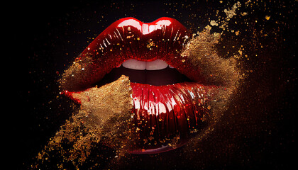 Women Lips with Colorful Splashes Red and Gold Paint Glossy Colored Lips on a Moody Background AI Generative   - obrazy, fototapety, plakaty