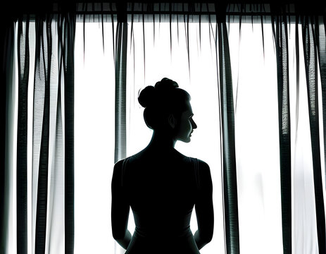 Silhouette: Frau steht vor dem Fenster. Innenausstattung- created with generative AI technology