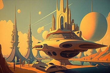 Fototapeta na wymiar 1950's sci-fi spaceship landscape, Generative AI