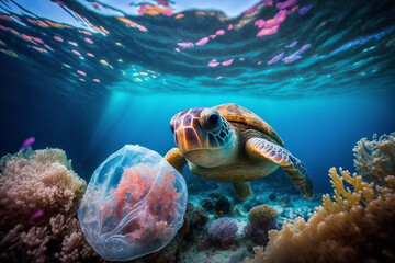 Obraz premium Turtle With Plastic Bags, The Tragic Consequences of Plastic Pollution - Threat to Ocean Life and Coral Reef Ecosystems With Generative AI