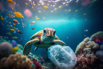 Turtle With Plastic Bags, The Tragic Consequences of Plastic Pollution - Threat to Ocean Life and Coral Reef Ecosystems With Generative AI
