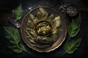 Dolma against a shadowy backdrop. Greek, Turkish, and Caucasian traditional cuisine, top view. Generative AI