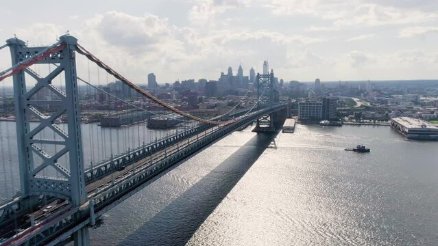 Ben Franklin Bridge Drone Approaching Skyline of Philadelphia from Camden